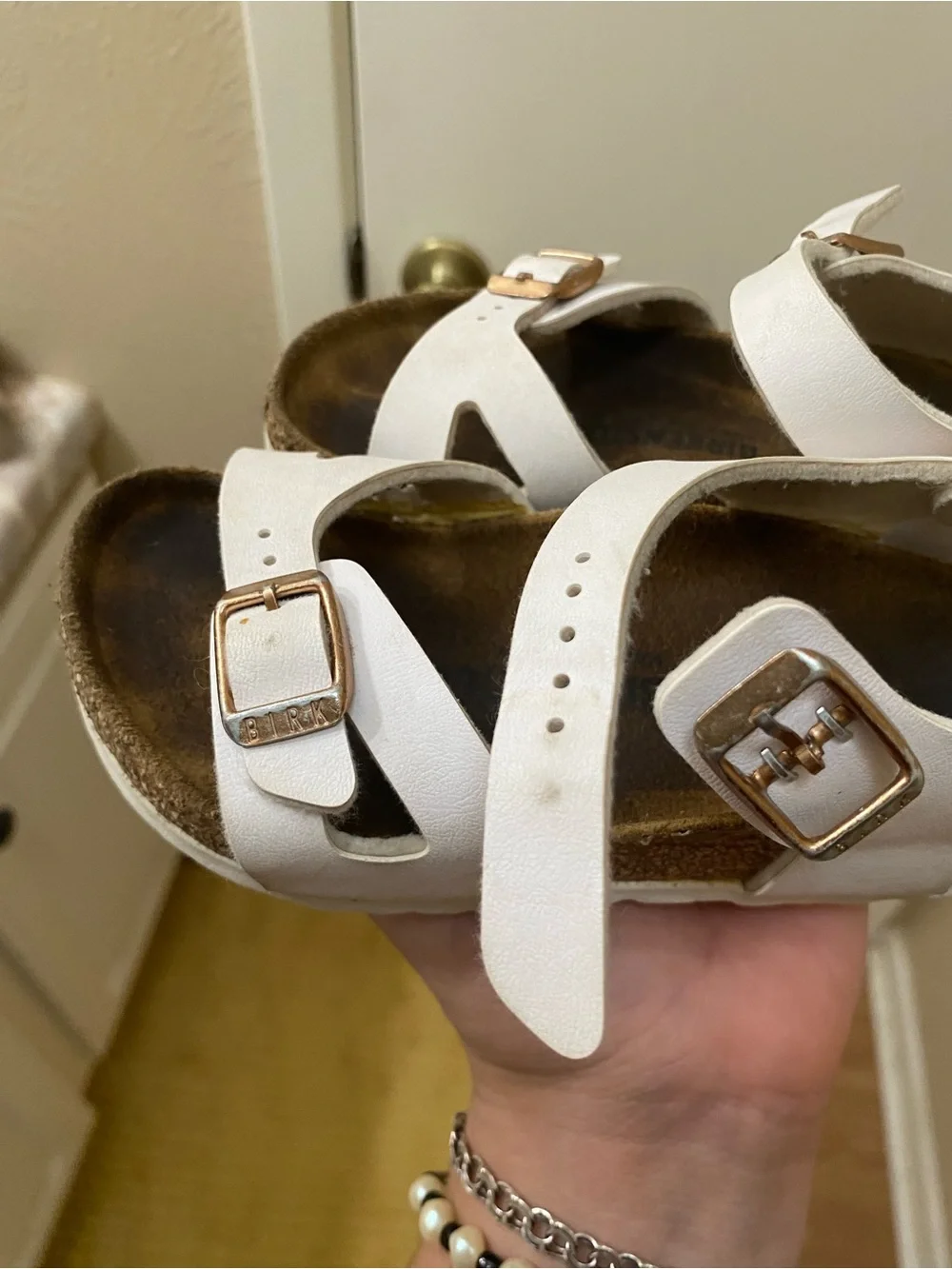 Birkenstock White Kids' Two-Strap Cork Sandals with Buckles